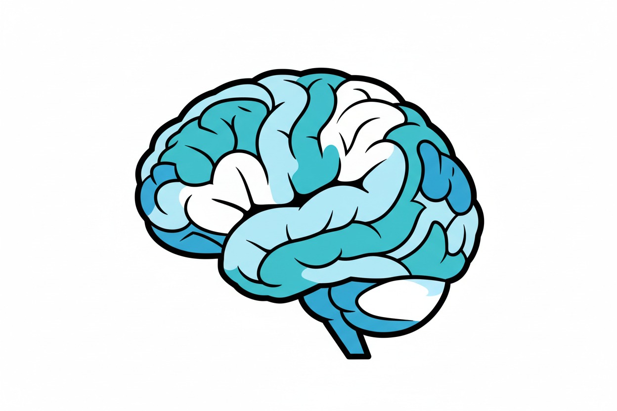 A cartoon illustration of a human brain in shades of blue and white on a white background.